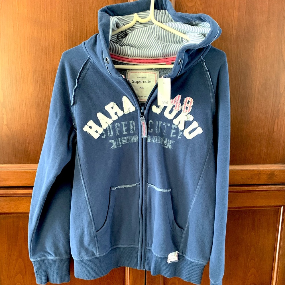 English Next brand cool blue cotton hoodie Girls Age 12 NWT logo zipped front